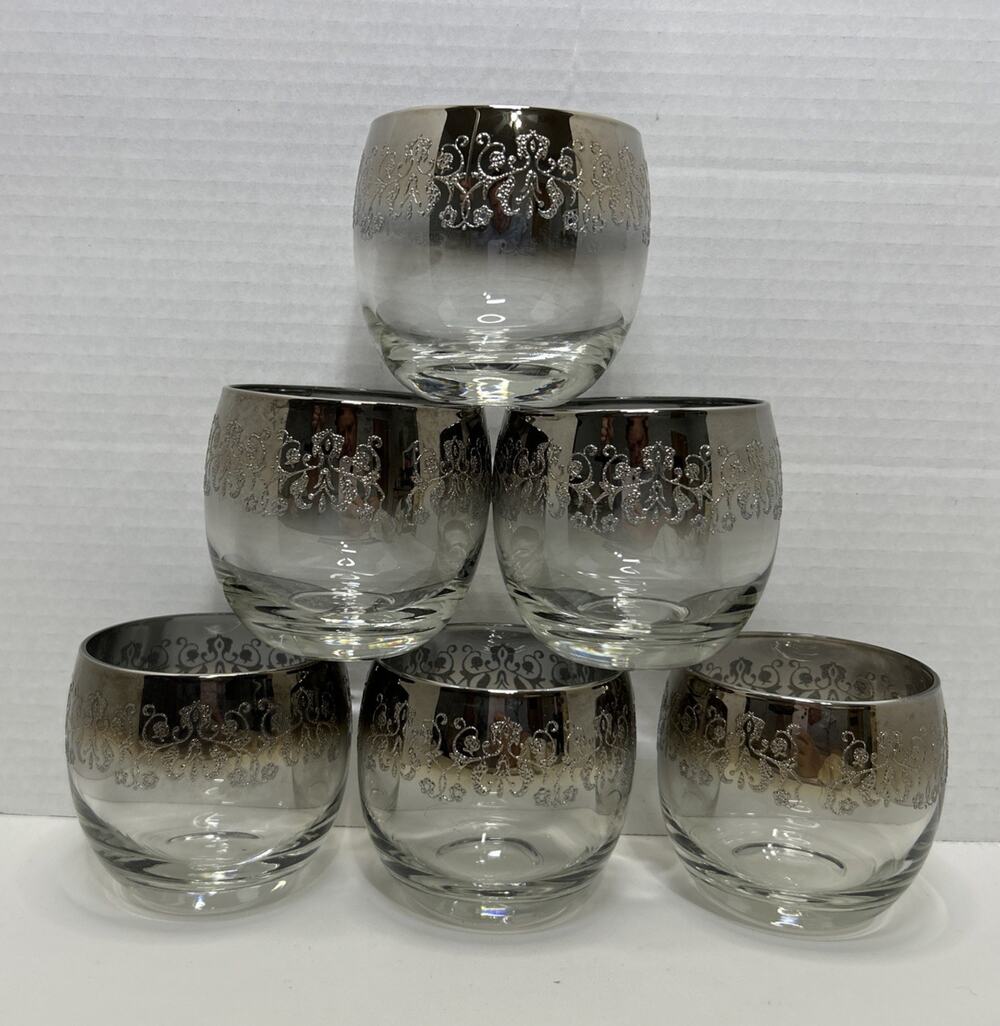 6 Royal Luster Silver Madeira Roly Poly 8oz Silver Fade Encrusted Floral Design